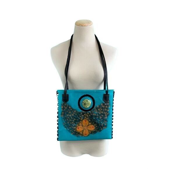 Hand Made  Aqua Floral Leather Messenger Handbag - Picture 2 of 6